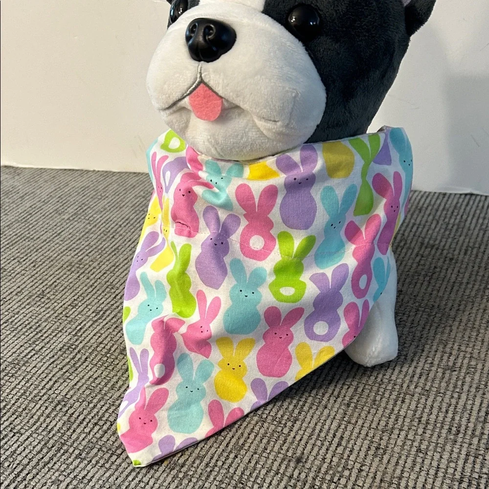 🟣 4/$15 Peeps Bunny and plaid reversible Dog Bandana NEW slides thru collar